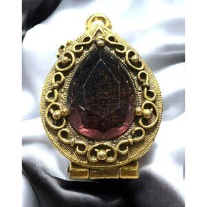 Vtg 60's Goldette Signed Purple Amethyst Glass Locket Pendant Gold-tone
